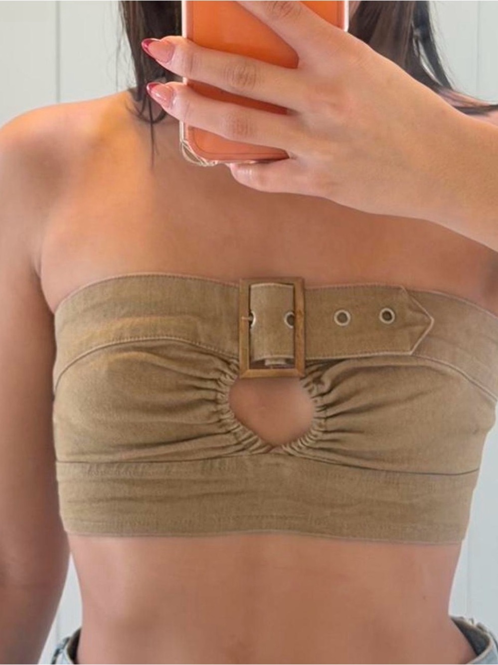SHEIN Taupe Strapless Buckle Cutout Bandeau Crop Top